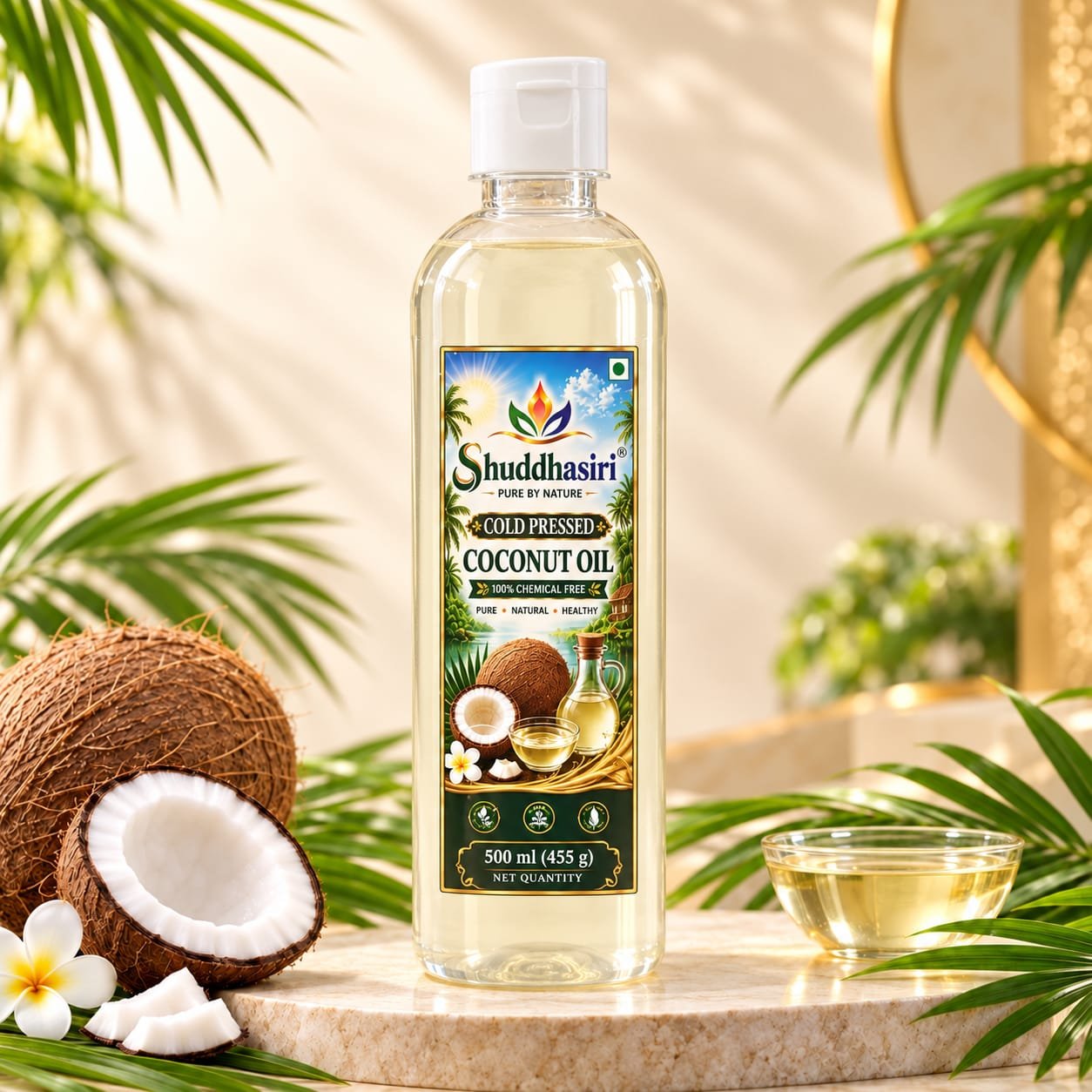 Shuddhasiri wood-pressed coconut oil bottles with fresh coconuts