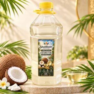 Shuddhasiri wood-pressed coconut oil bottles with fresh coconuts