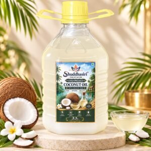 Shuddhasiri wood-pressed coconut oil bottles with fresh coconuts
