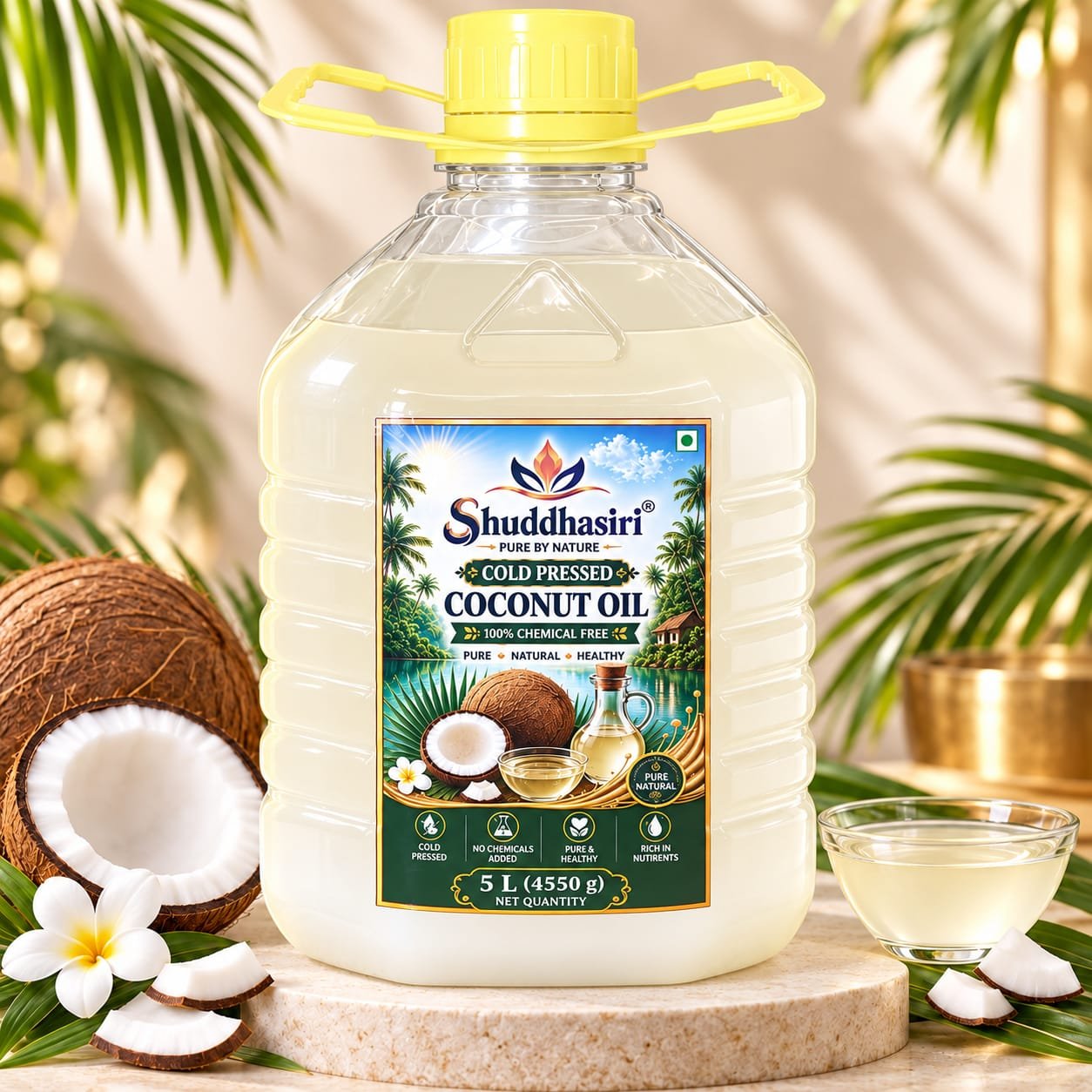Shuddhasiri wood-pressed coconut oil bottles with fresh coconuts